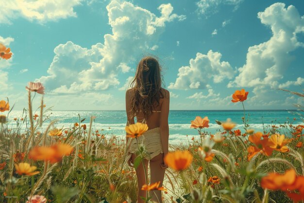 Foto una hermosa mujer de vacaciones con cabello largo está de pie en la playa generada por ia