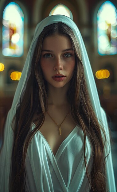 Una hermosa mujer con un velo en la cabeza una hermosa monja orando en la iglesia