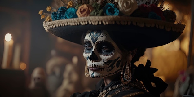 Hermosa mujer vestida para el Día de Muertos Mexicano