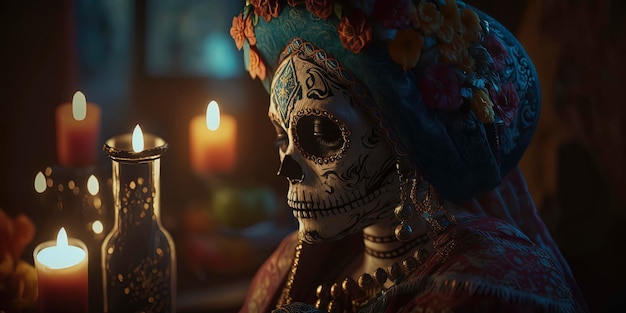 Hermosa mujer vestida para el Día de Muertos Mexicano