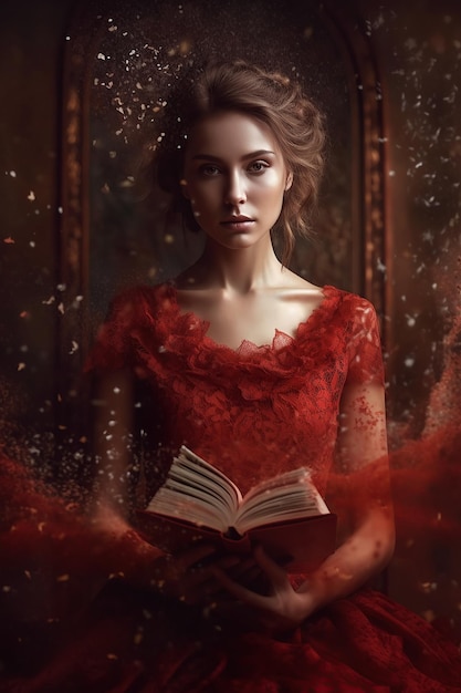 Hermosa mujer vestida de rojo está leyendo un libro Portada del libro de novela romántica Ilustración generativa de IA