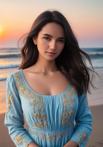 Hermosa mujer con vestido azul claro en la playa con puesta de sol IA generativa