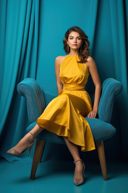 Hermosa mujer con vestido azul en habitación amarilla