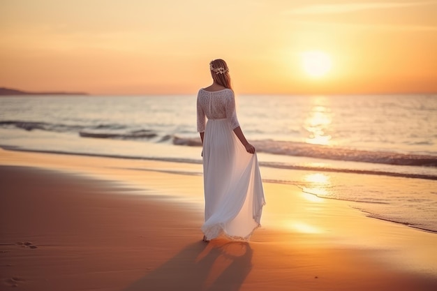 Hermosa mujer con vestido blanco caminando por la playa al atardecer AI