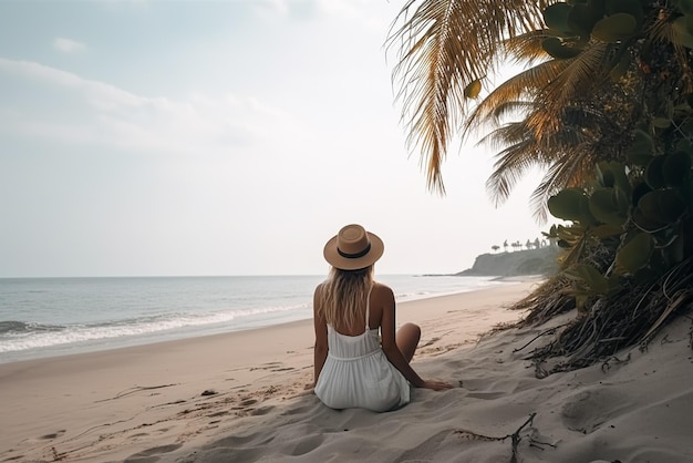 Hermosa mujer con vestido blanco y sombrero sentada en la playa de arena IA generativa