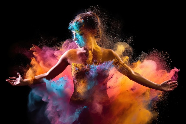 Foto hermosa mujer en vestido colorido bailando con humo colorido sobre fondo negro ai generado