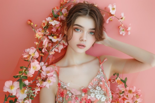 Una hermosa mujer con un vestido floral posa para una foto de moda