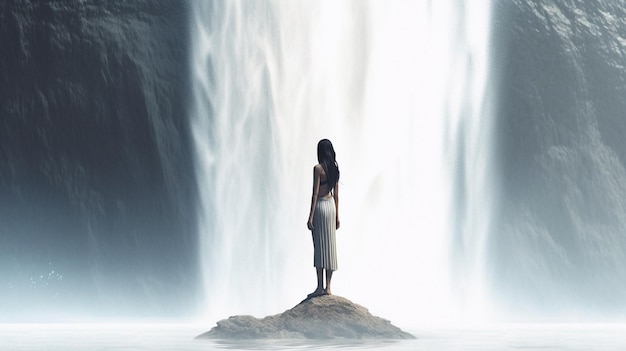 Hermosa mujer con un vestido largo blanco frente a una cascada generativa ai