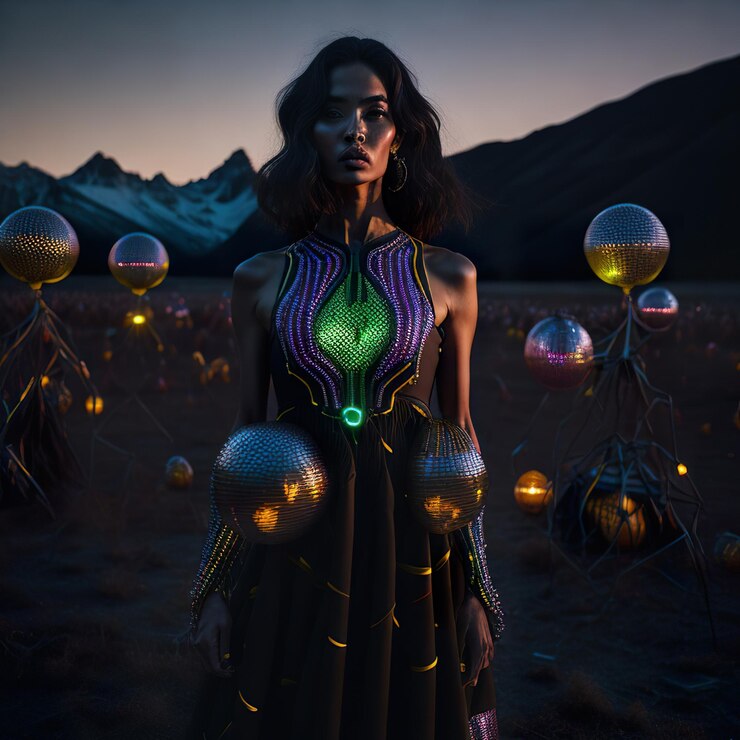 Hermosa mujer en vestido de lujo verde caminando por el maquillaje de belleza de moda de desierto de noche