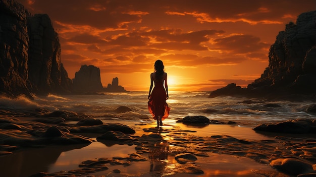 hermosa mujer en un vestido con una mochila en la playa