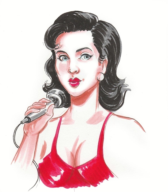 Hermosa mujer con vestido rojo clásico con micrófono. Dibujo a tinta y acuarela