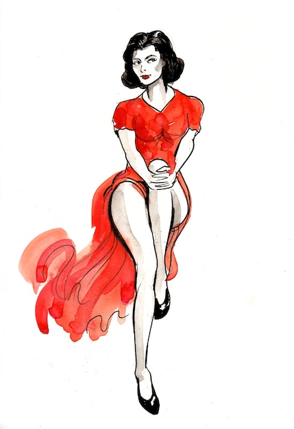 Hermosa mujer en vestido rojo. Dibujo a tinta y acuarela