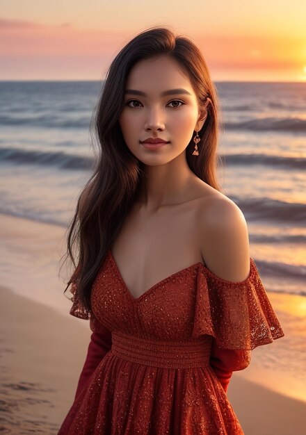 Hermosa mujer en vestido rojo en la playa con la puesta de sol IA generativa