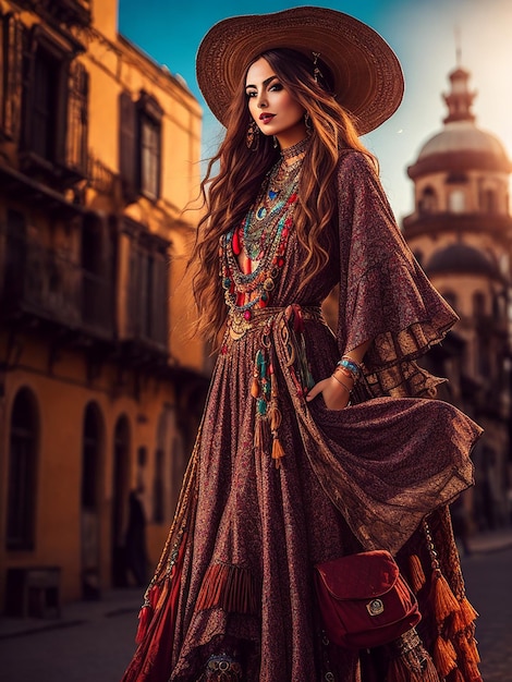 Hermosa mujer en vestidos y accesorios bohemios fondo de monumentos de la ciudad bohemia