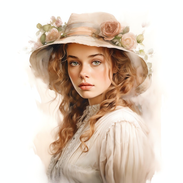 Foto hermosa mujer victoriana cottagecore acuarela clipart ilustración