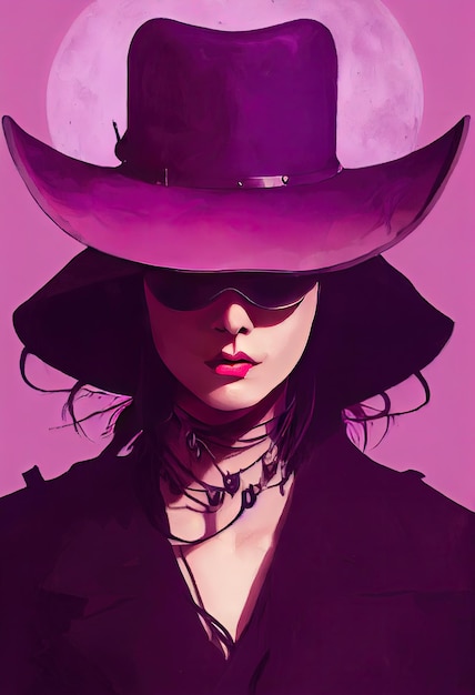 Hermosa mujer victoriana Vampire Hunter retrato Perfil sombrero de vaquero y gafas circulares Pintura de tinta Fondo púrpura Ilustración de arte digital de estilo 3d