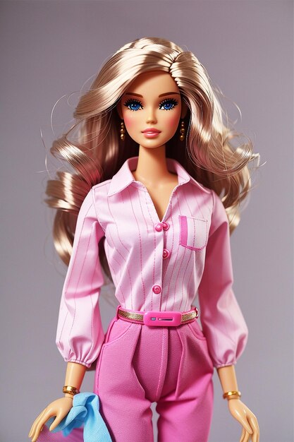 Una hermosa muñeca barbie con camisa rosa.