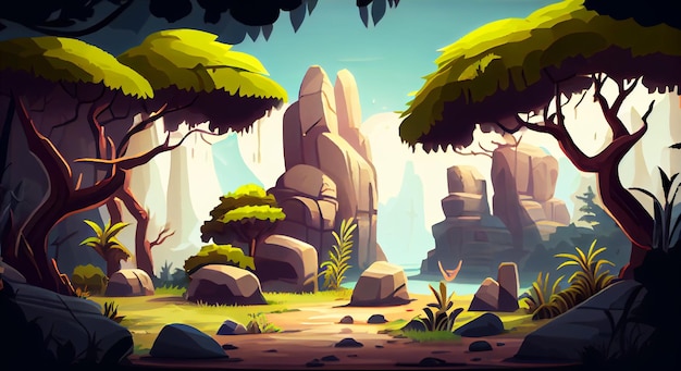 Hermosa naturaleza Entorno de fondo 2D para un juego móvil Un paisaje de fondo horizontal de alta calidad Ubicación de diseño de plantilla de juego Generativo ai