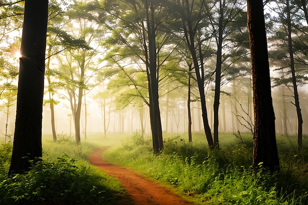 Hermosa naturaleza por la mañana en el brumoso bosque primaveral con sol