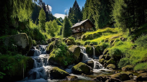 Una hermosa naturaleza verde con arquitectura y agua escénica