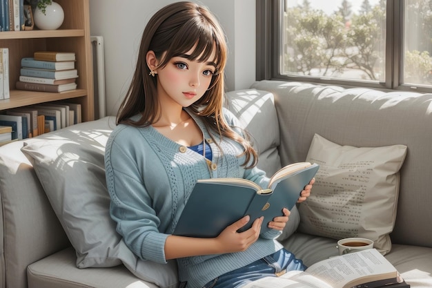 Foto hermosa niña asiática leyendo un libro en el sofá en la sala de estar en casa