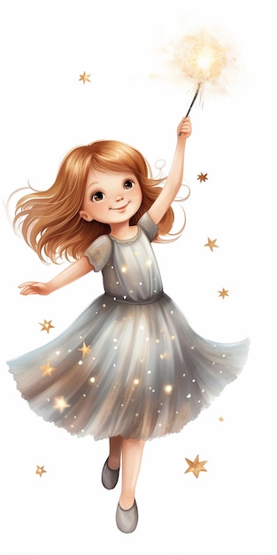 Hermosa niña con bengala en una nube brillante de mágicas estrellas doradas Ilustración de cuento de hadas