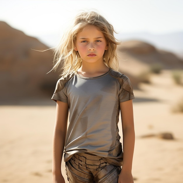 Una hermosa niña bonde klakmrtin de 8 años parada en el desierto