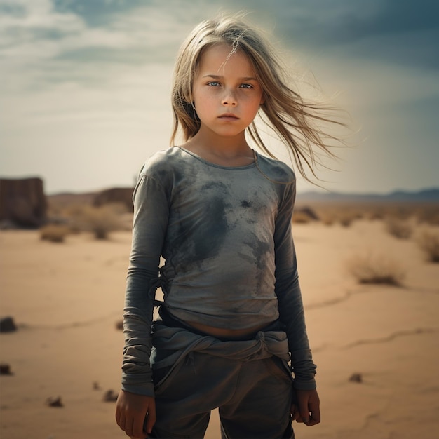 Una hermosa niña bonde klakmrtin de 8 años parada en el desierto