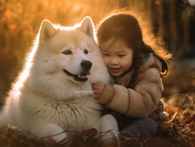 Foto una hermosa niña con una chaqueta amarilla se sienta con un perro rojo akita inu en el gro ia generativa