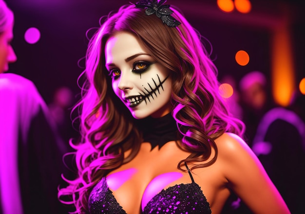 Una hermosa niña en una fiesta en un club nocturno en honor a Halloween Una mujer en una fiesta de disfraces