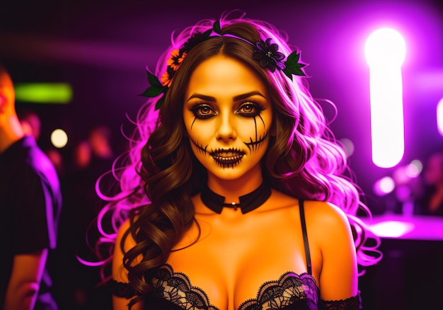 Una hermosa niña en una fiesta en un club nocturno en honor a Halloween Una mujer en una fiesta de disfraces