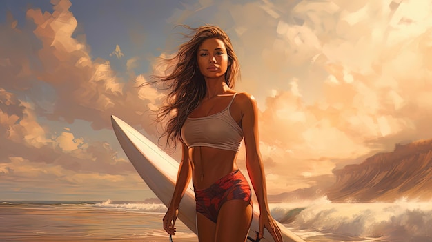 Una hermosa niña en el fondo del océano y la puesta de sol, una generación de surfistas AI