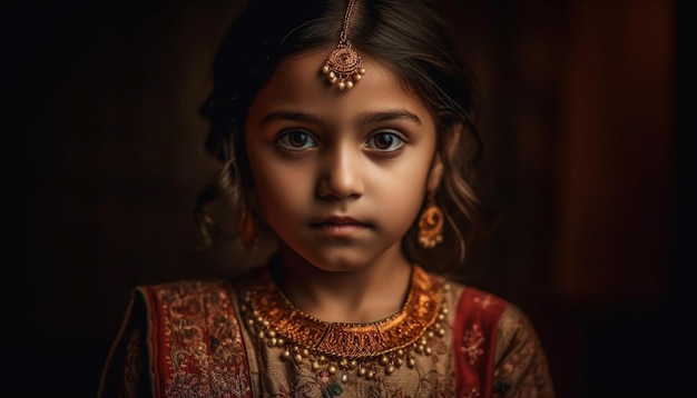 Hermosa niña india en sari tradicional emana elegancia y confianza generada por IA