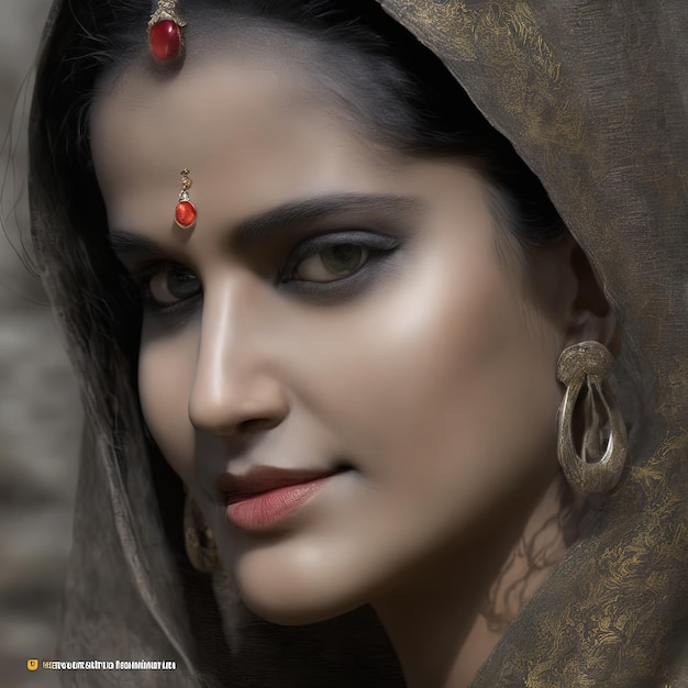 Hermosa niña india con un vestido tradicional indio con una hermosa cara. Mujer joven con un velo.