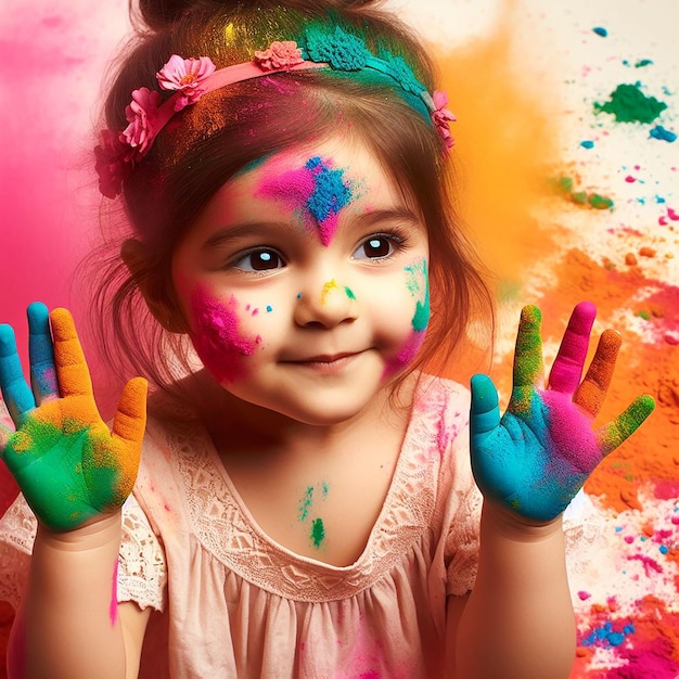 Una hermosa niña juega con muchos colores en polvo en Happy Holi