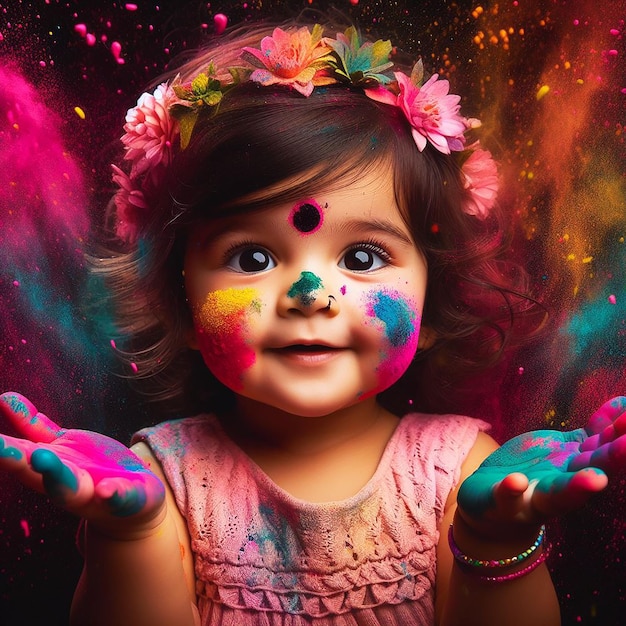 Foto una hermosa niña juega con muchos colores en polvo en happy holi