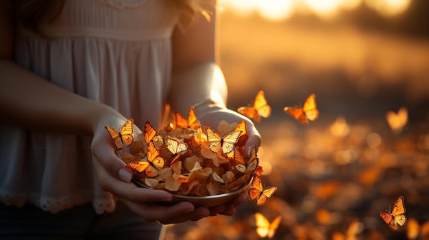 una hermosa niña libera muchas mariposas en la naturaleza con el telón de fondo de una puesta de sol