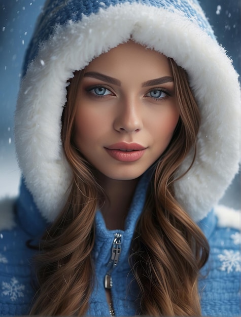 La hermosa niña de la nieve en un carón nevado de fondo rojo en blanco atmósfera navideña