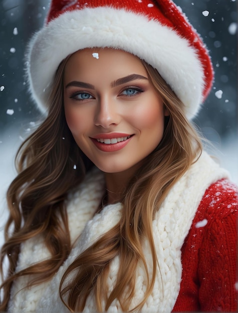 La hermosa niña de la nieve en un carón nevado de fondo rojo en blanco atmósfera navideña