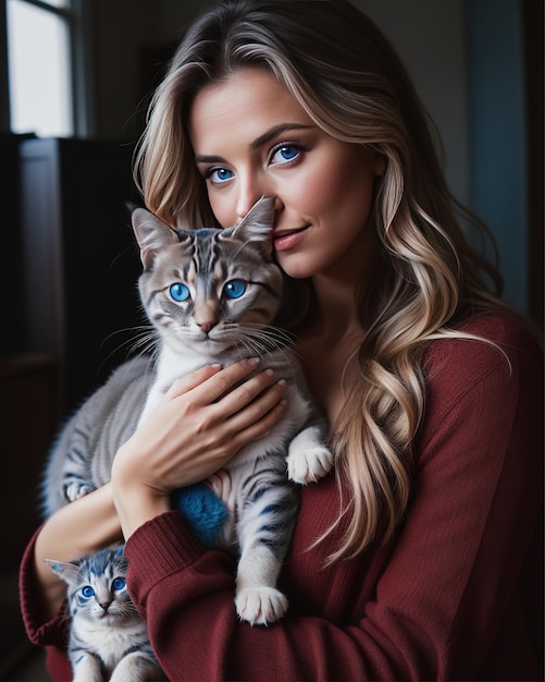 Hermosa niña de ojos azules con su gato bebé de piel