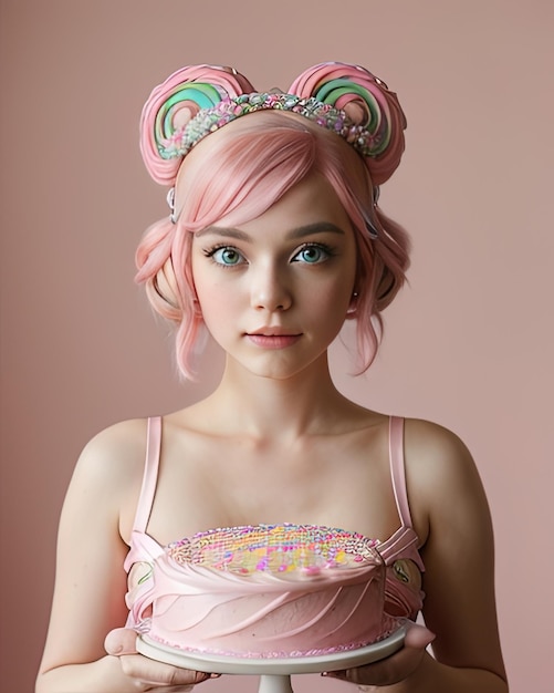 Hermosa niña princesa vestido rosa y cabello