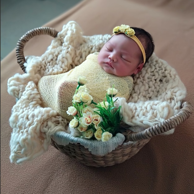Hermosa niña recién nacida swaadled en tela y vistiendo gorro de punto durmiendo en la canasta