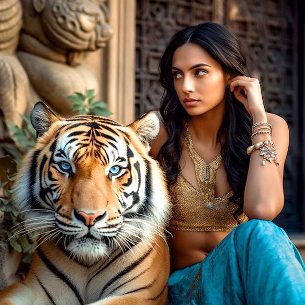 Una hermosa niña sentada con un tigre feroz