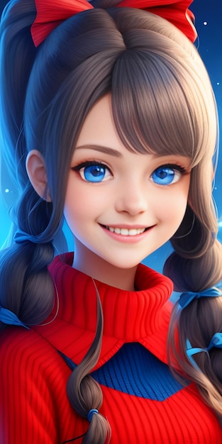 Hermosa niña sonriente con cabello largo colas gemelas ojos azules suéter rojo fondo simple