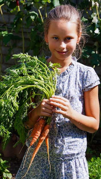 hermosa niña sonriente en el jardín con zanahorias crudas frescas