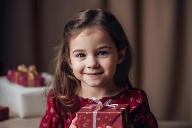 Hermosa niña sosteniendo una caja de regalo Retrato niño niña sosteniendo una caja de regalo de cumpleaños Generar Ai