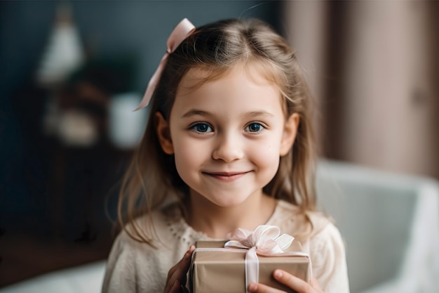 Hermosa niña sosteniendo una caja de regalo Retrato niño niña sosteniendo una caja de regalo de cumpleaños Generar Ai