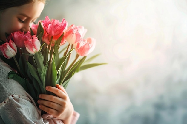 Foto una hermosa niña está sosteniendo un ramo de tulipanes rosados