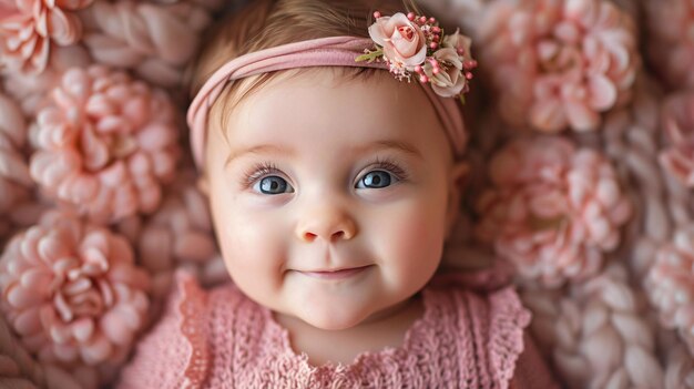 Una hermosa niña con un traje rosado y una flor en sus cabellos está descansando sobre su espalda y sonriendo de alegría