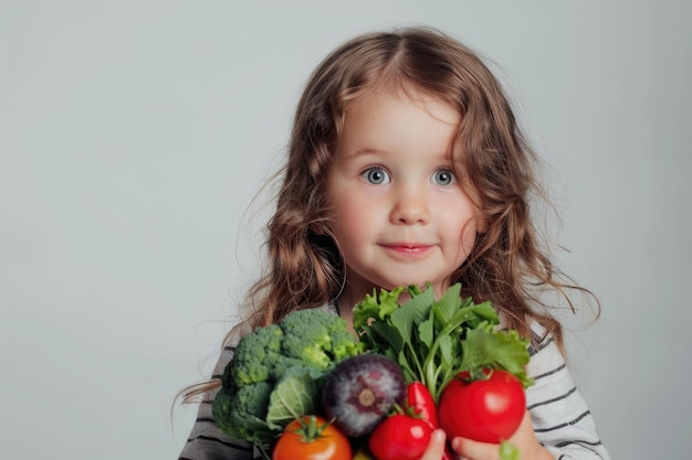 hermosa niña con verduras en un fondo blanco